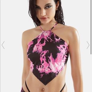 Pink and black flame print tie up halter top